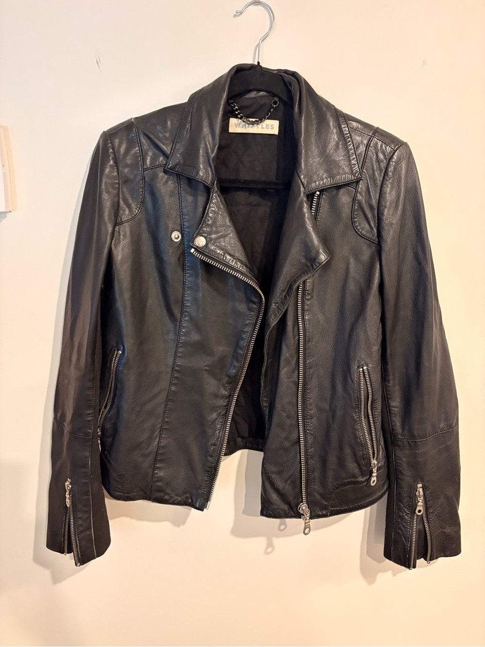 Whistles Black Leather Biker Jacket with Zip Details